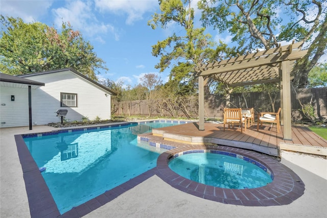 view of swimming pool featuring a pergola, an in ground hot tub, and a wooden deck