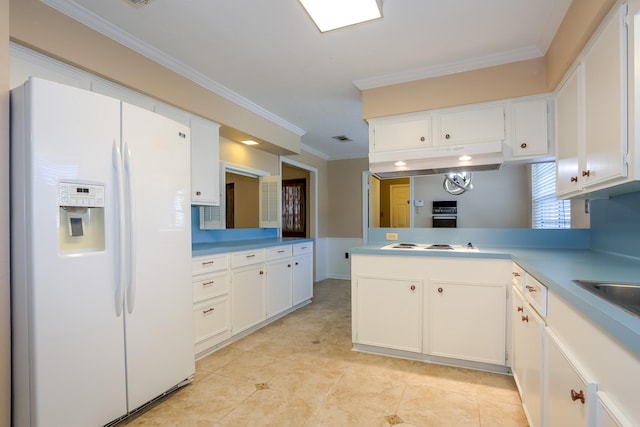 kitchen featuring white cabinets, kitchen peninsula, crown molding, white appliances, and light tile patterned floors