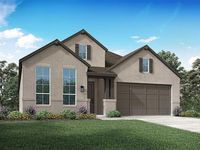 craftsman inspired home featuring a garage, brick siding, driveway, roof with shingles, and a front yard