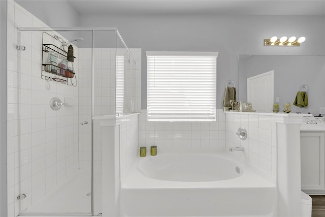 bathroom featuring vanity and separate shower and tub