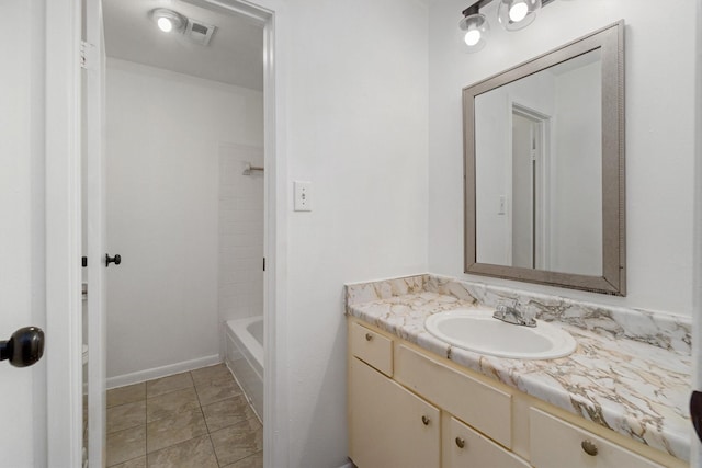 bathroom featuring bathing tub / shower combination, tile patterned flooring, and vanity