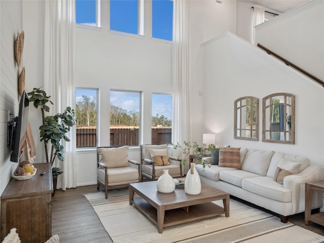 living room featuring hardwood / wood-style flooring and a towering ceiling