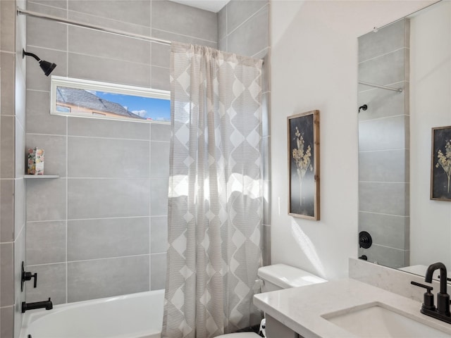 full bathroom with vanity, shower / bathtub combination with curtain, and toilet