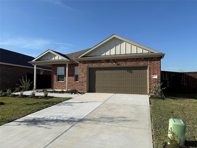 ranch-style house with brick siding, concrete driveway, board and batten siding, fence, and a garage