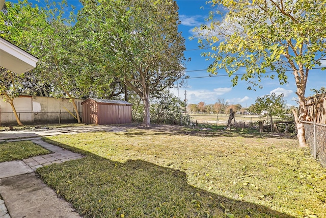 view of yard featuring a storage shed