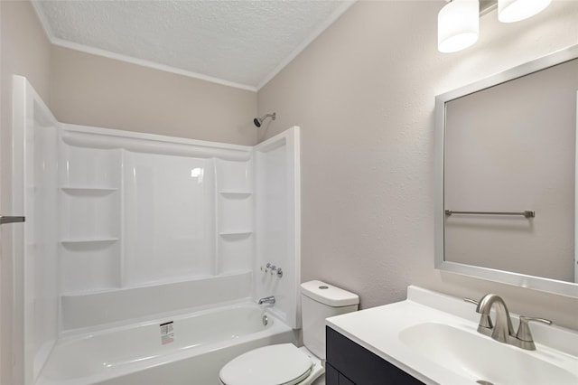 full bathroom with vanity, toilet, a textured ceiling, and shower / washtub combination