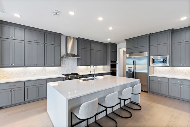 kitchen with tasteful backsplash, built in appliances, a kitchen island with sink, and wall chimney exhaust hood