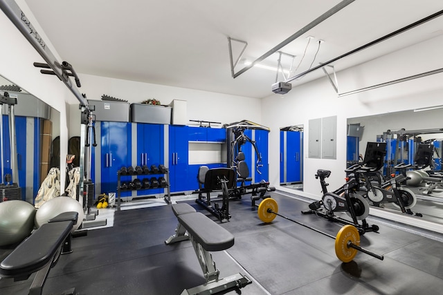 gym featuring electric panel