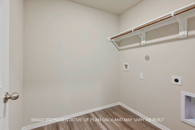 washroom with electric dryer hookup, hookup for a washing machine, and hardwood / wood-style flooring