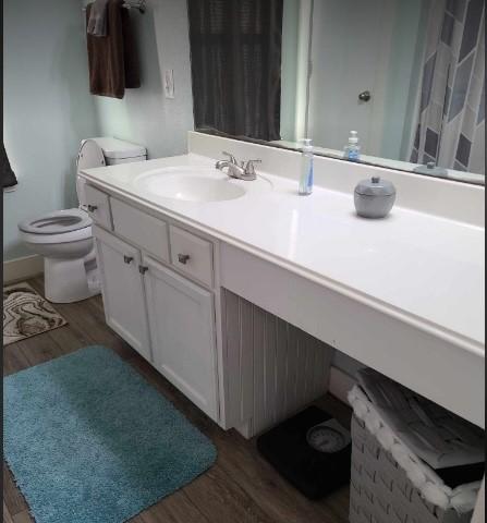 bathroom with hardwood / wood-style flooring, vanity, and toilet