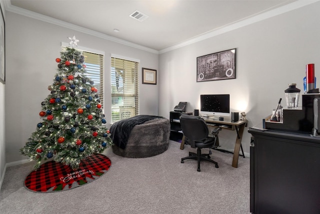 carpeted office space with crown molding