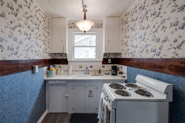 kitchen with sink, dark hardwood / wood-style flooring, gray cabinets, decorative light fixtures, and electric stove