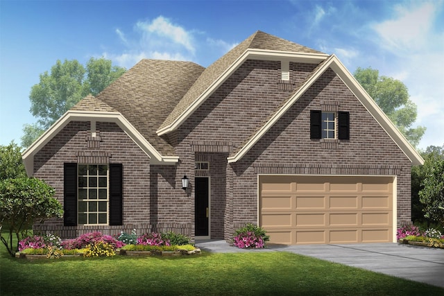 view of front of home with a garage and a front lawn