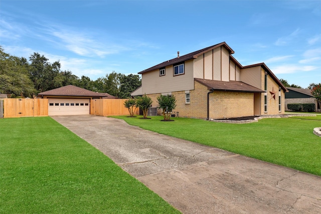 view of front of home with a garage, a front lawn, and cooling unit