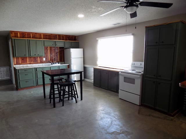 kitchen with white appliances, sink, ceiling fan, a textured ceiling, and concrete floors