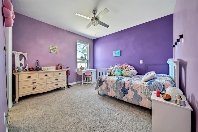 carpeted bedroom with ceiling fan