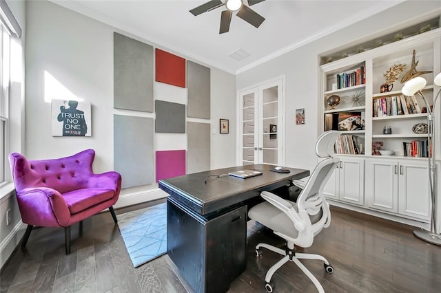 office space with dark hardwood / wood-style flooring, ceiling fan, and ornamental molding