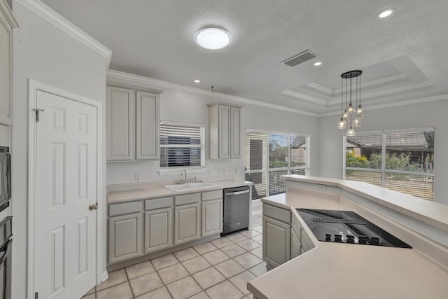 kitchen with stainless steel dishwasher, gray cabinetry, crown molding, sink, and light tile patterned floors