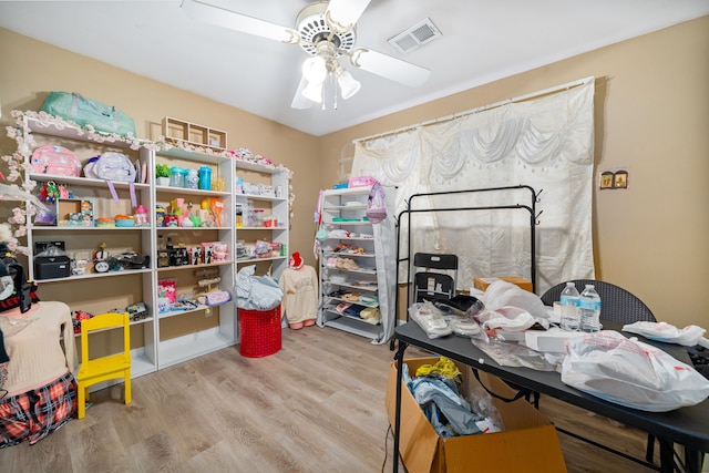 storage room featuring ceiling fan