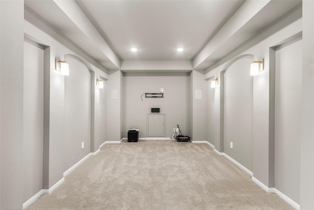 interior space with recessed lighting, carpet, and baseboards