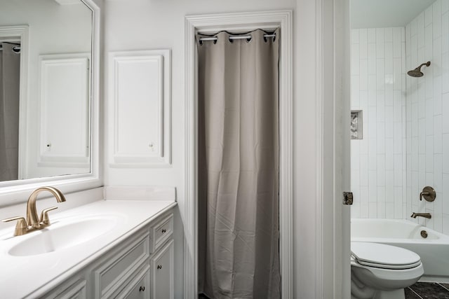 full bathroom featuring tile patterned flooring, vanity, toilet, and shower / bathtub combination with curtain