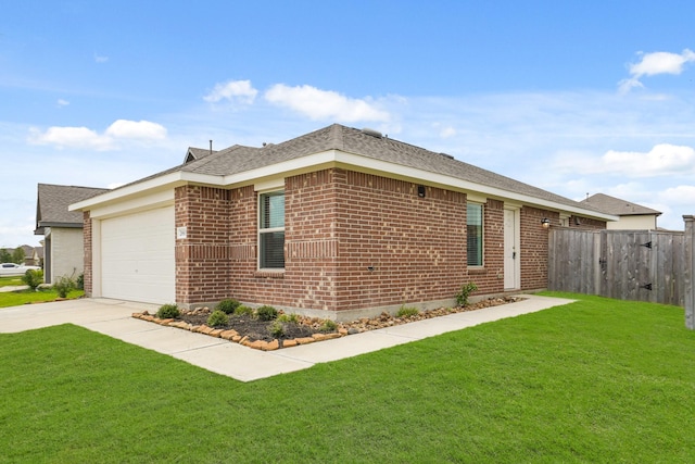 view of property exterior with a lawn and a garage