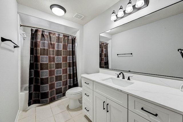 full bathroom featuring vanity, tile patterned flooring, toilet, shower / bathtub combination with curtain, and a textured ceiling