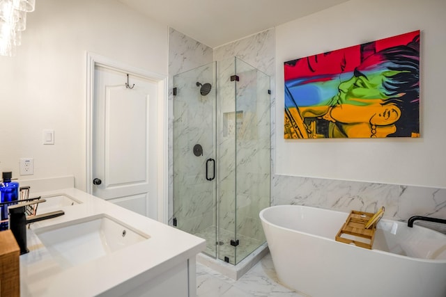 bathroom featuring plus walk in shower and vanity