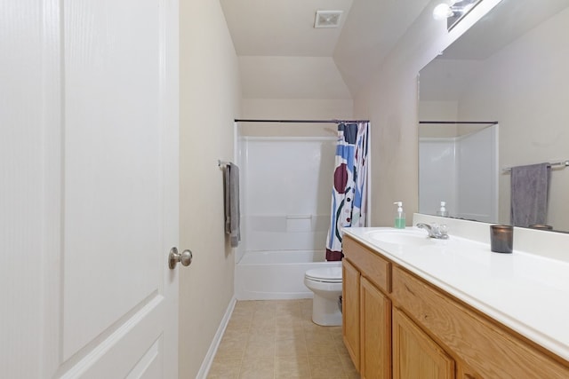 full bathroom featuring vanity, shower / tub combo, and toilet