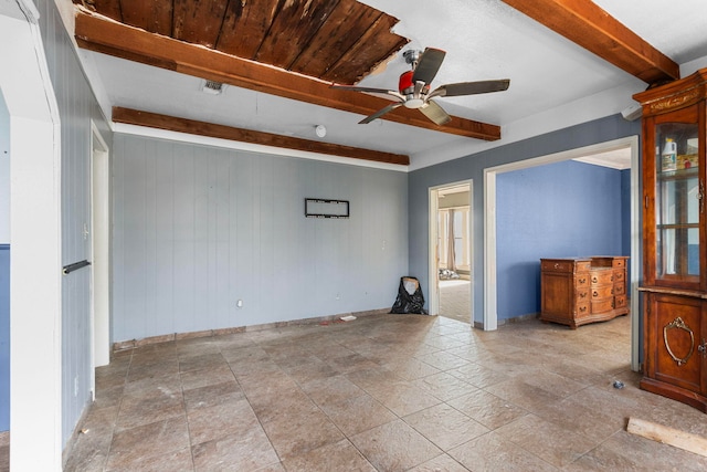 interior space featuring beamed ceiling, ceiling fan, and wood walls