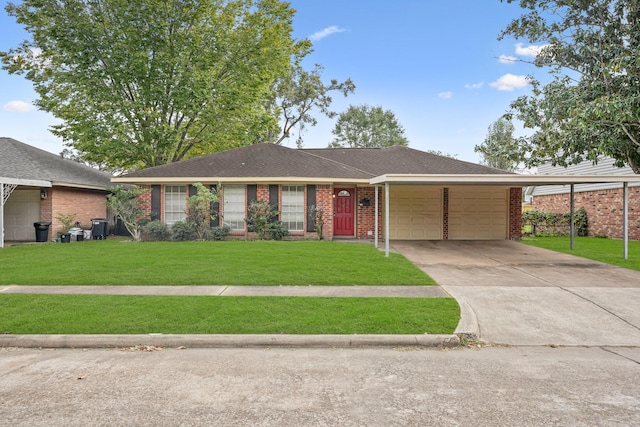 single story home featuring a front lawn and a carport