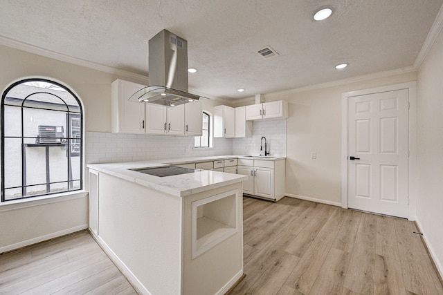 kitchen with plenty of natural light, white cabinetry, island exhaust hood, and kitchen peninsula