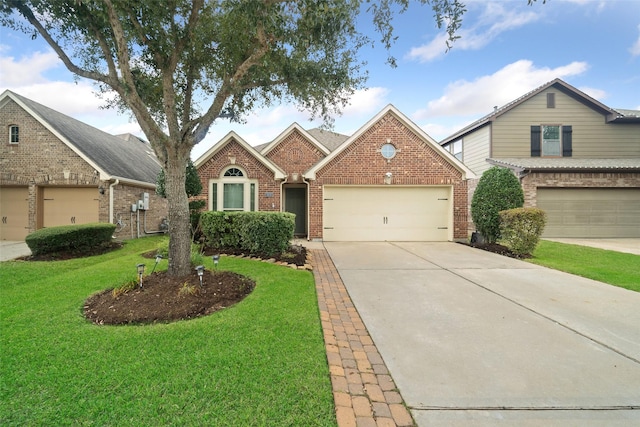 view of front of property featuring a garage and a front lawn