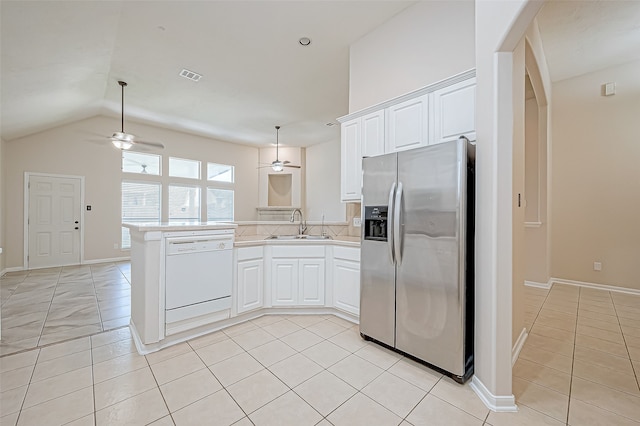 kitchen with white cabinetry, dishwasher, sink, stainless steel fridge with ice dispenser, and kitchen peninsula