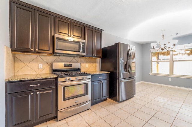 kitchen featuring appliances with stainless steel finishes, dark brown cabinetry, tasteful backsplash, and an inviting chandelier