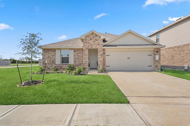 ranch-style house with a front yard and a garage