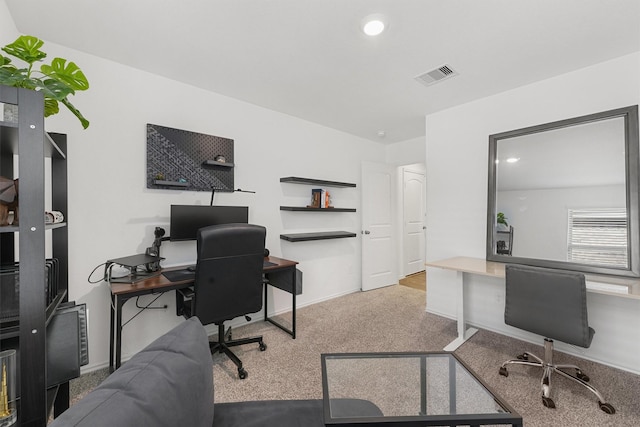 office area featuring carpet, visible vents, baseboards, and recessed lighting