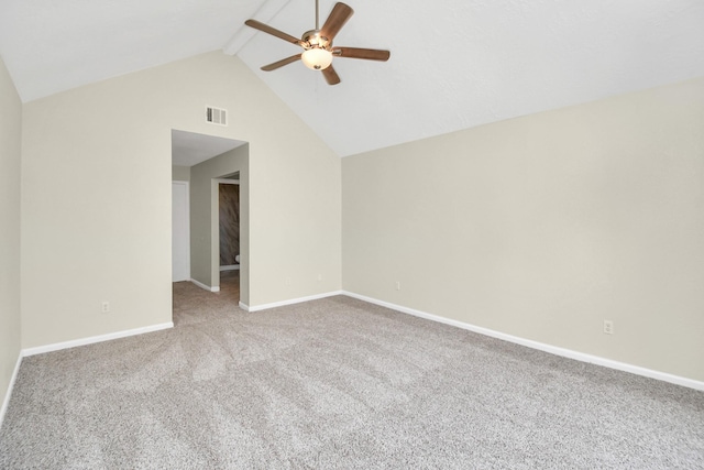 interior space featuring carpet, lofted ceiling with beams, and ceiling fan