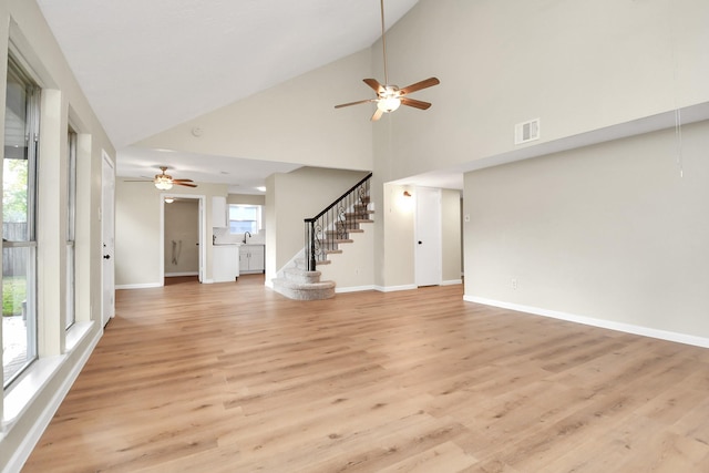 unfurnished living room featuring a healthy amount of sunlight, light wood-type flooring, and high vaulted ceiling