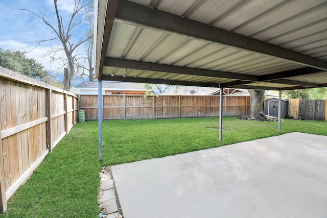 view of patio with a shed