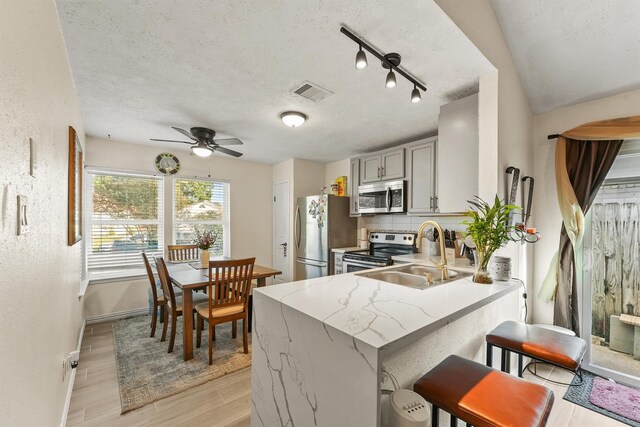 kitchen featuring kitchen peninsula, appliances with stainless steel finishes, rail lighting, sink, and gray cabinets