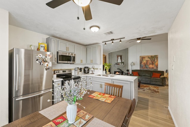 kitchen with lofted ceiling, sink, tasteful backsplash, kitchen peninsula, and stainless steel appliances