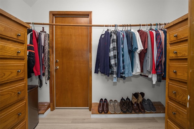 walk in closet with light hardwood / wood-style floors