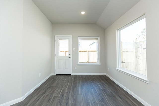 interior space with dark hardwood / wood-style floors and lofted ceiling