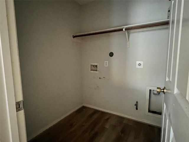 clothes washing area with hookup for an electric dryer, dark hardwood / wood-style floors, and washer hookup