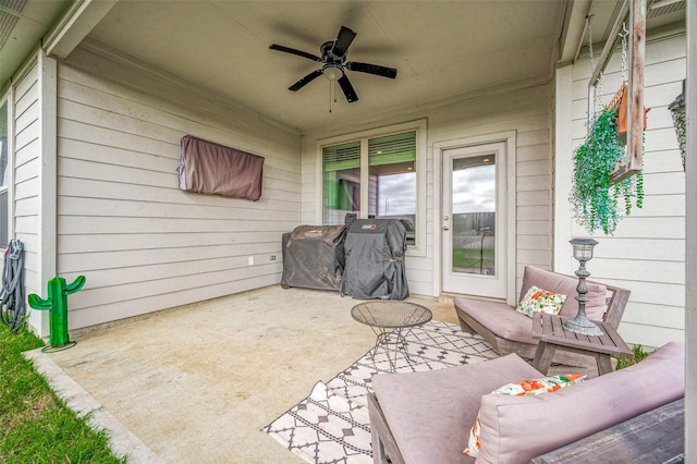 view of patio / terrace featuring ceiling fan and a grill