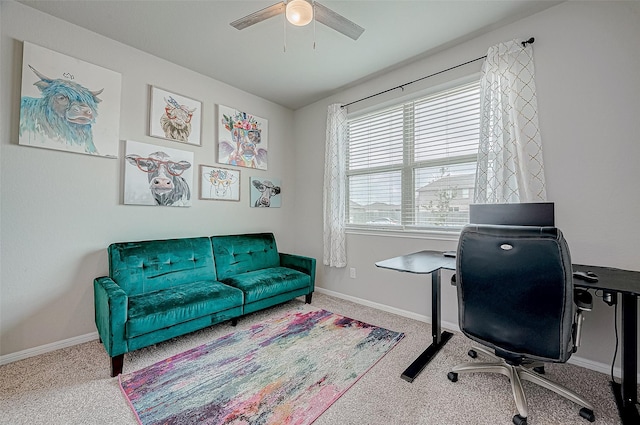 office with ceiling fan and carpet