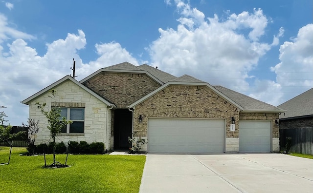 31407 Calle Linda Dr, Hockley, TX 77447 - view of front of house featuring stone siding, a garage, driveway, a front lawn, and a shingled roof