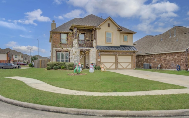 view of front of home featuring a balcony, a front lawn, central AC unit, and a garage