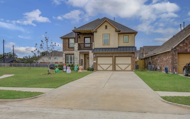 view of front of home with a balcony, a garage, a front lawn, and central air condition unit